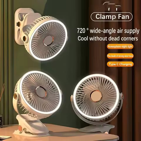 8000 mAh Clip-On Fan – Quiet 5-Speed Portable Air Circulator with LED Light – USB-C Rechargeable for Camping, Desk, Travel