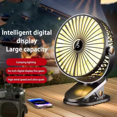 8000 mAh Clip-On Fan – Quiet 5-Speed Portable Air Circulator with LED Light – USB-C Rechargeable for Camping, Desk, Travel