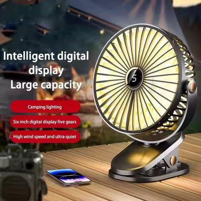 8000 mAh Clip-On Fan – Quiet 5-Speed Portable Air Circulator with LED Light – USB-C Rechargeable for Camping, Desk, Travel