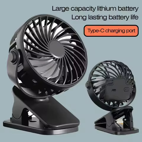 8000 mAh Clip-On Fan – Quiet 5-Speed Portable Air Circulator with LED Light – USB-C Rechargeable for Camping, Desk, Travel