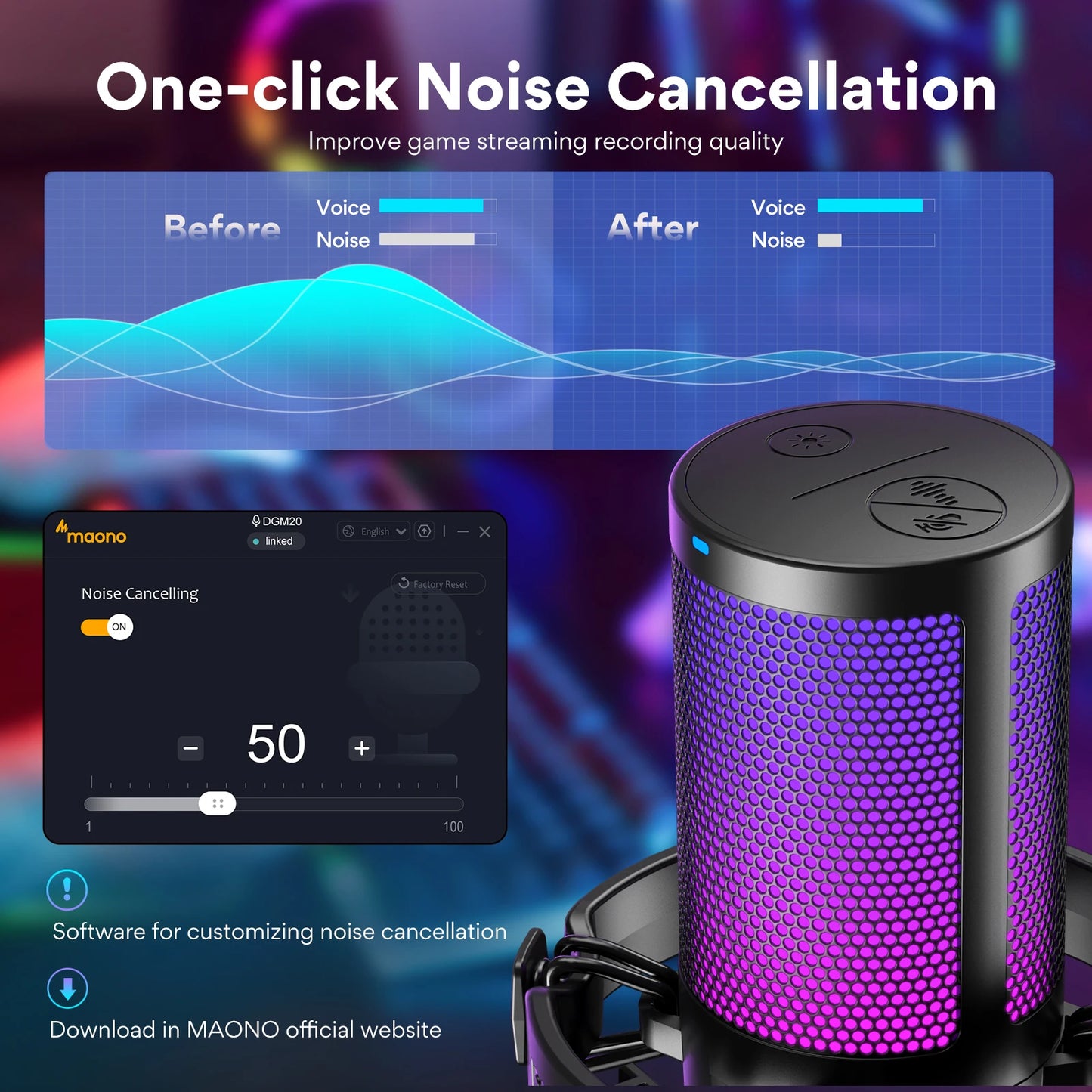 MAONO DGM20 USB Gaming Microphone for PC with RGB Light Noise Reduction Tap-to-Mute Gain Control for Discord Streaming Podcast