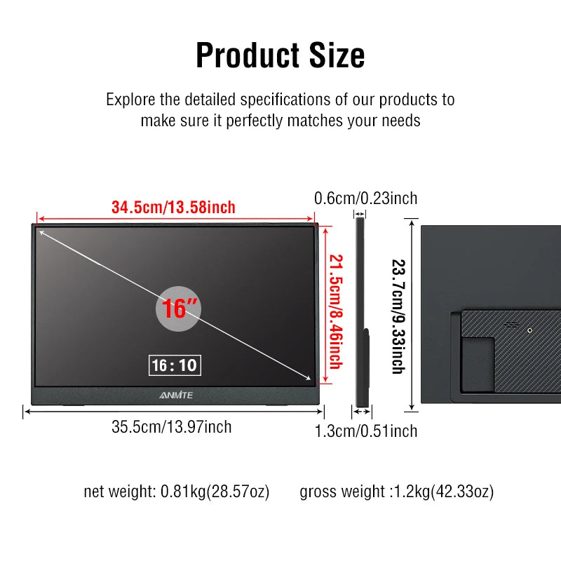 Anmite 16-Inch Portable 1200P HDR Monitor