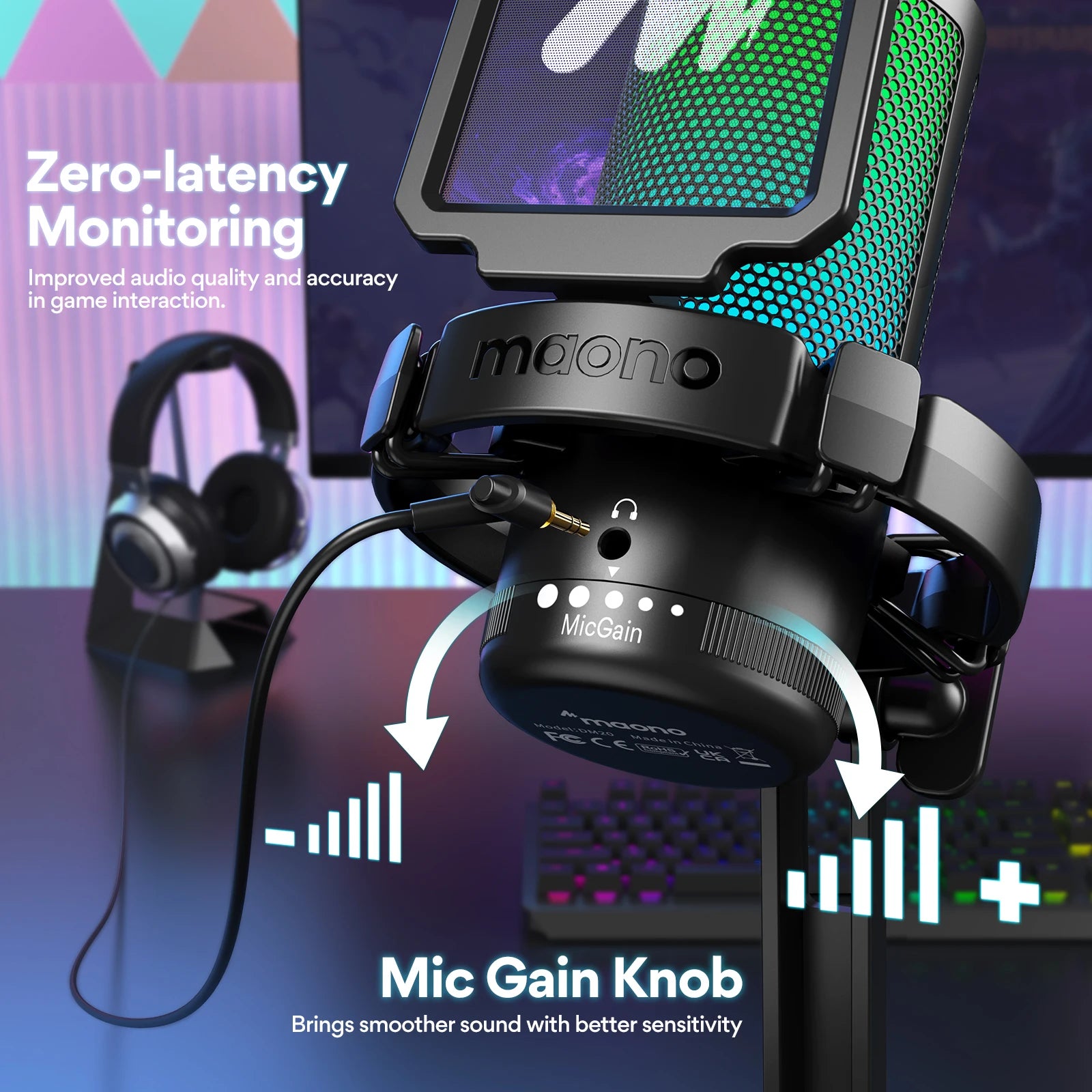 MAONO DGM20 USB Gaming Microphone for PC with RGB Light Noise Reduction Tap-to-Mute Gain Control for Discord Streaming Podcast