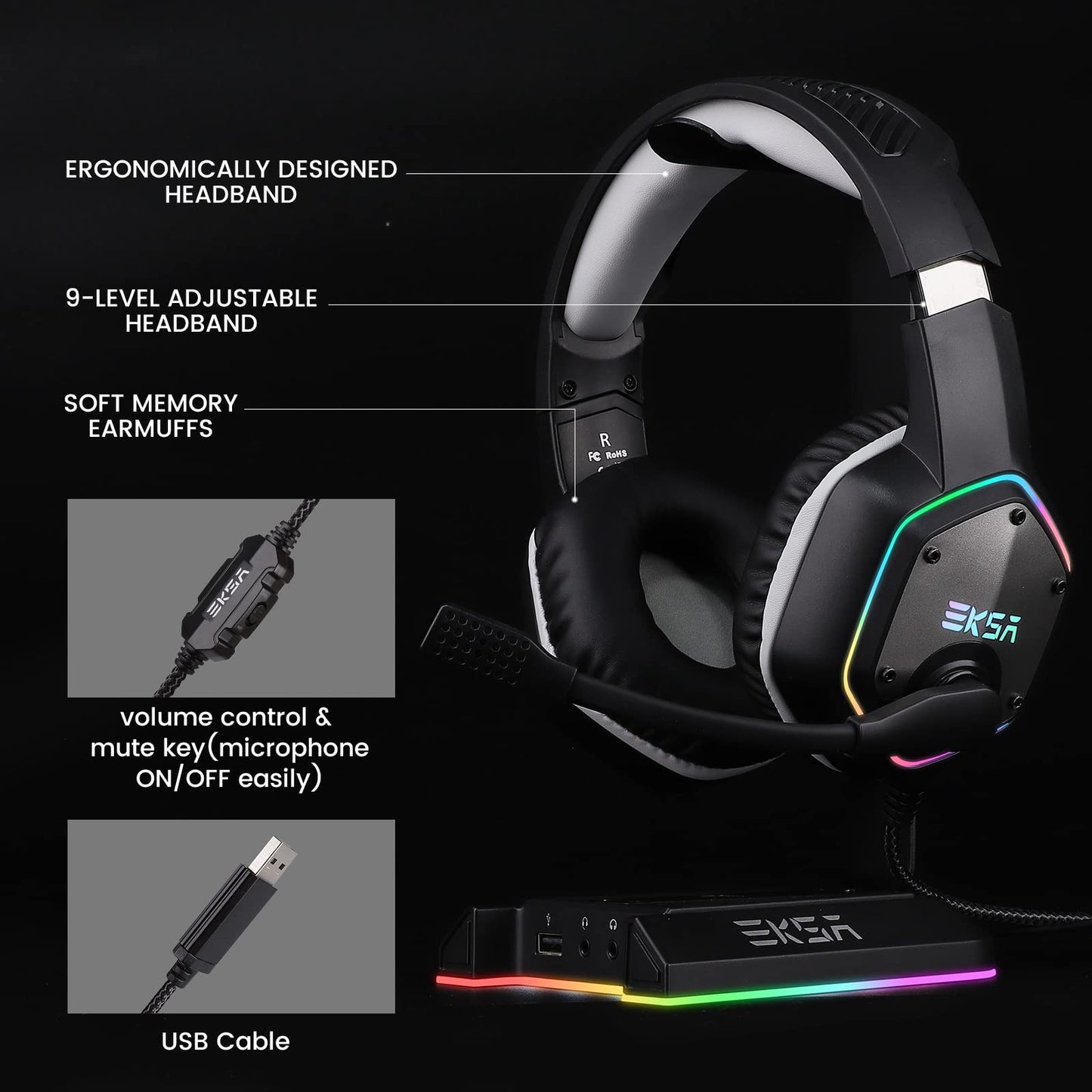 EKSA E1000 USB Gaming Headset with Mic